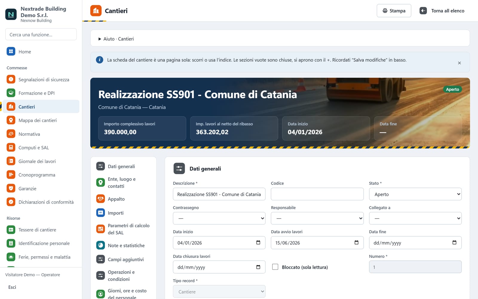 La scheda di un cantiere in NexBuilding: importo dei lavori, date, appalto e indice delle sezioni a sinistra