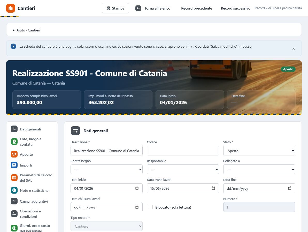 Scheda di un cantiere stradale con importo dei lavori, data di inizio, indice delle sezioni e dati generali