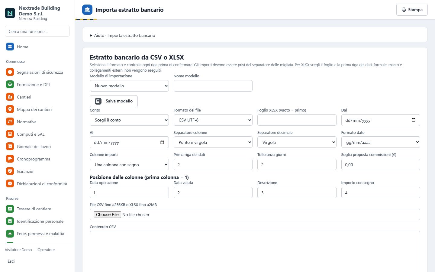 Importa estratto bancario: modulo con formato CSV o XLSX, separatori, formato date e posizione delle colonne