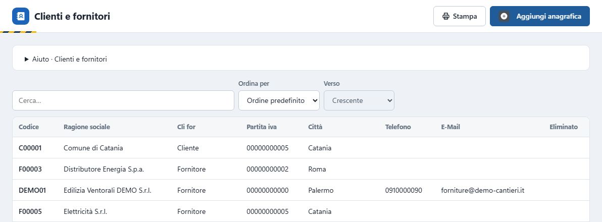 Elenco di clienti e fornitori con codice, ragione sociale, tipo, partita IVA e città