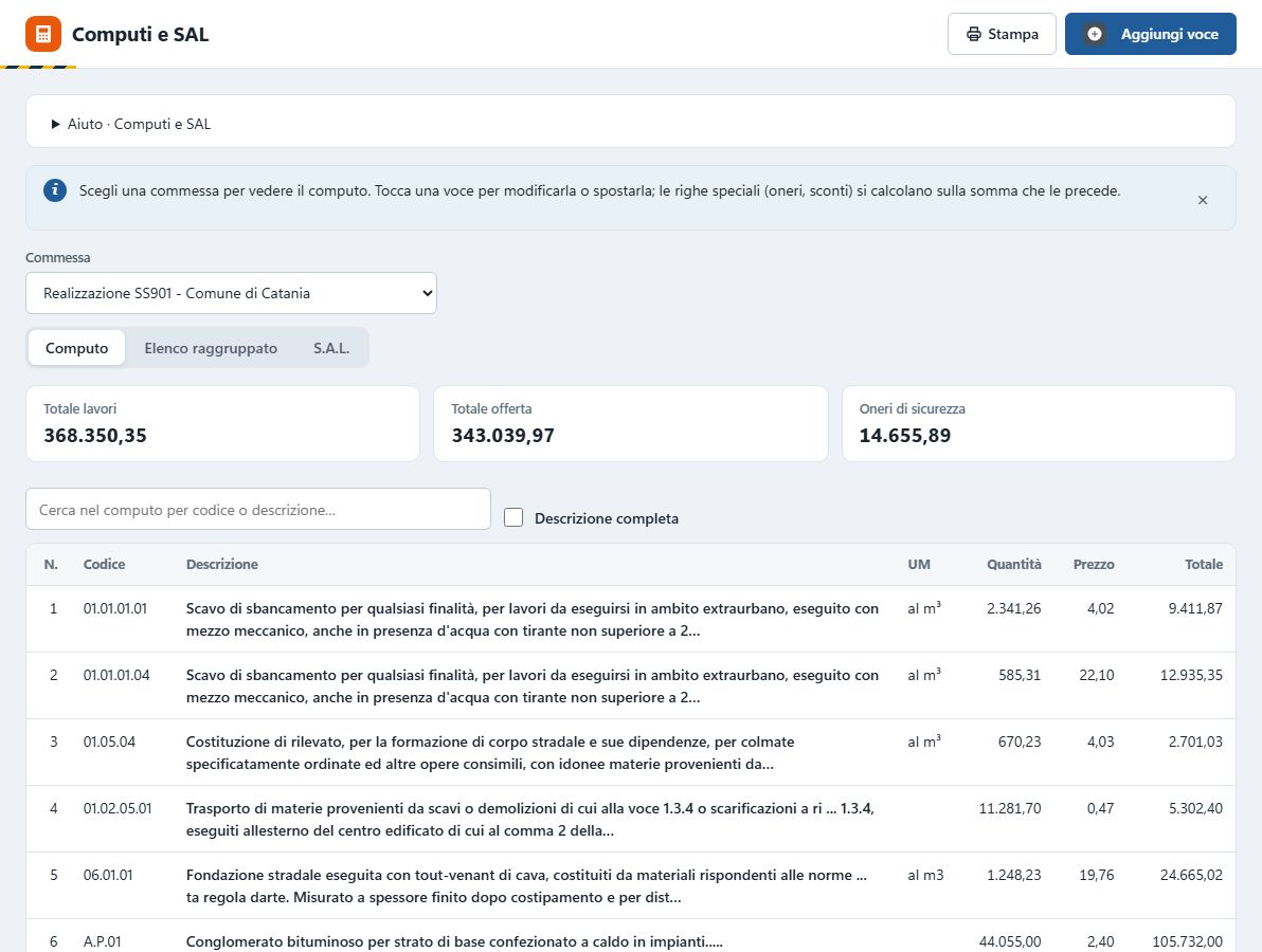 Computo della commessa con totale lavori, totale offerta, oneri di sicurezza e l’elenco delle voci con codice, quantità, prezzo e totale