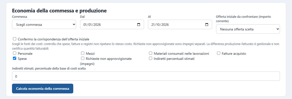 Modulo «Economia della commessa e produzione»: commessa, periodo e fonti dei costi da includere