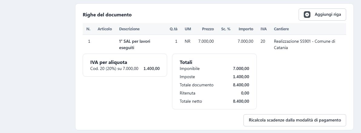 Righe di una fattura cliente con castelletto IVA per aliquota e totali