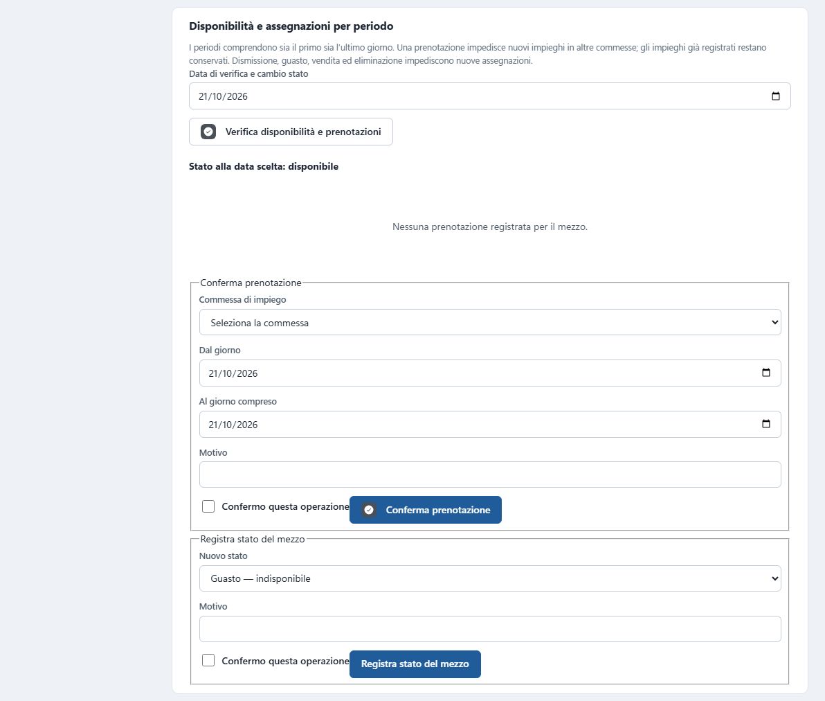 Scheda di un mezzo: verifica della disponibilità, prenotazione su una commessa e registrazione dello stato