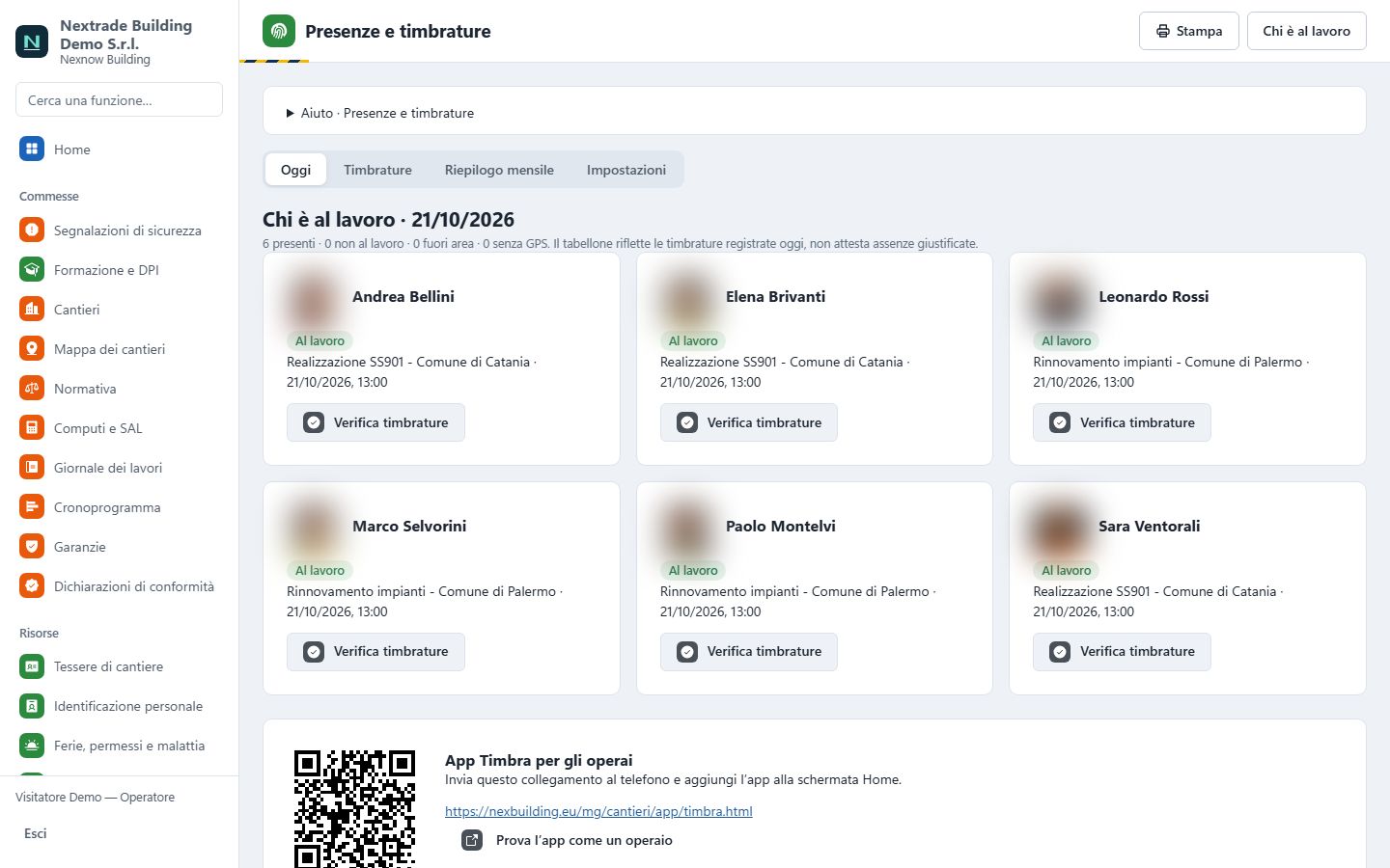 Elenco «Chi è al lavoro» con sei operai al lavoro (fotografie sfocate) e il QR per aprire App Timbra
