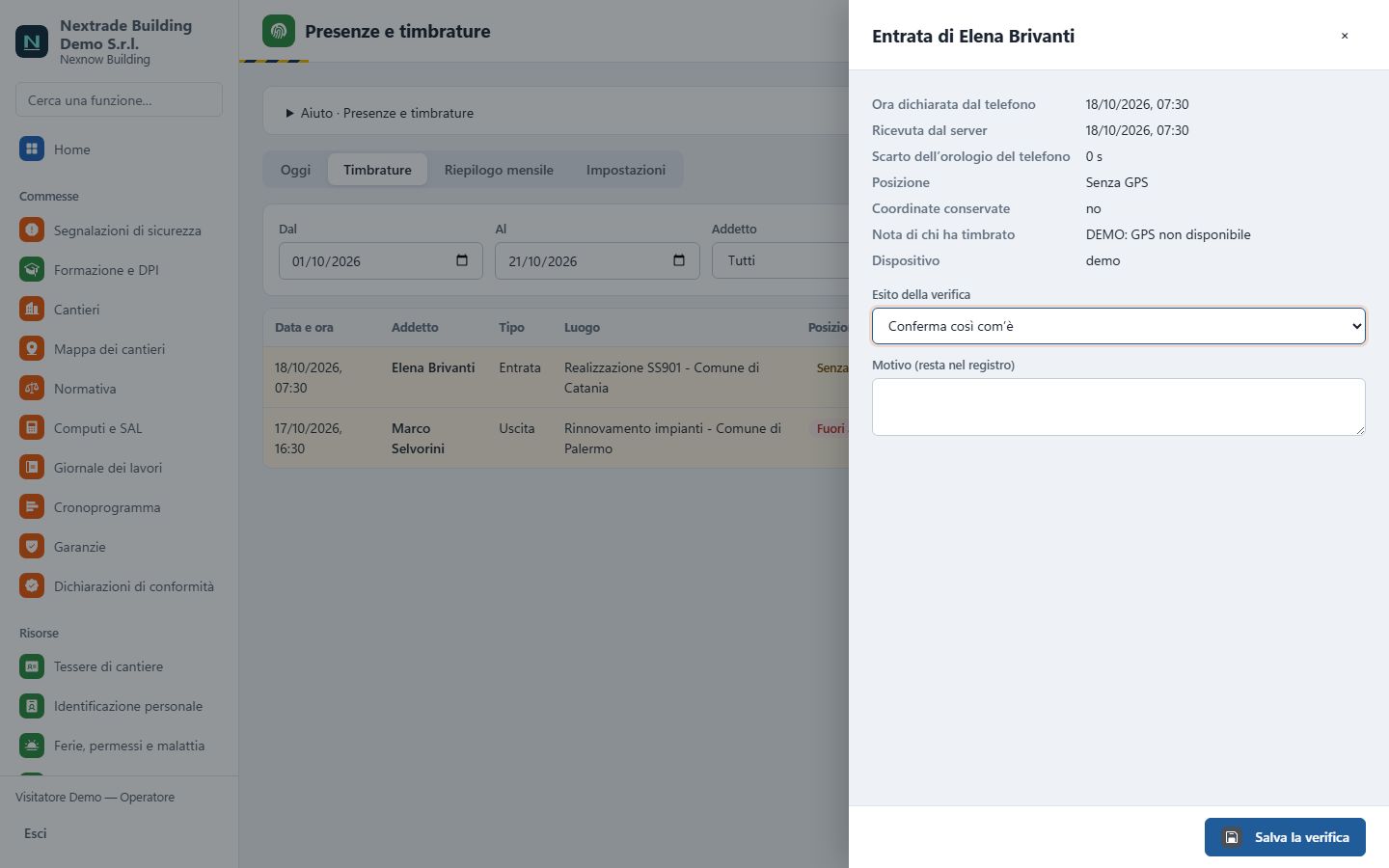 Dettaglio di una timbratura da verificare: ora dichiarata dal telefono, ora del server, posizione «Senza GPS», scelta fra conferma e correzione
