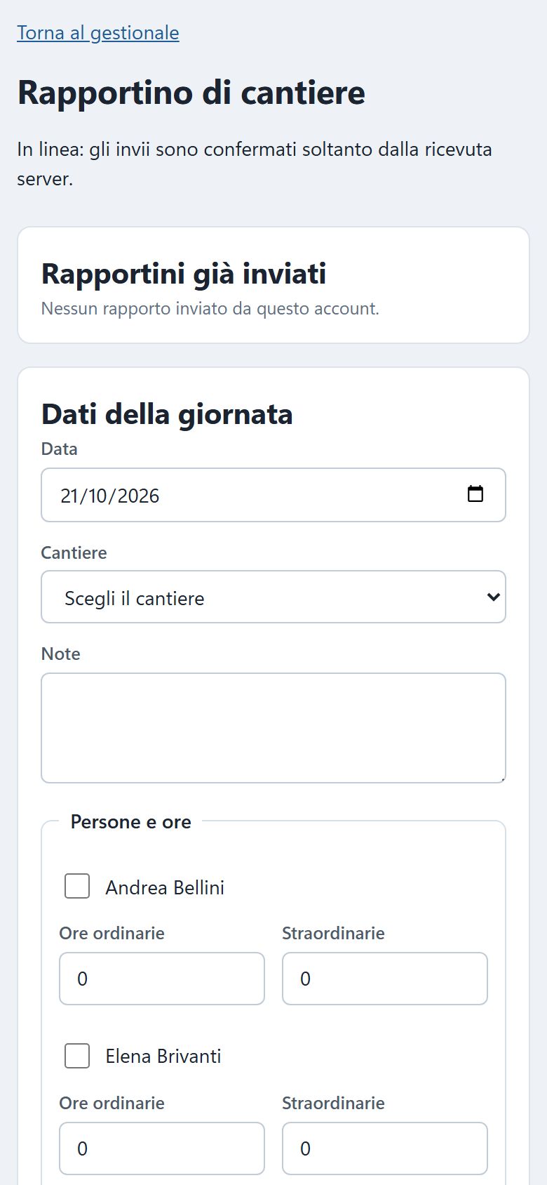 Modulo rapportino sul telefono: data, cantiere, note, ore ordinarie e straordinarie per ogni persona