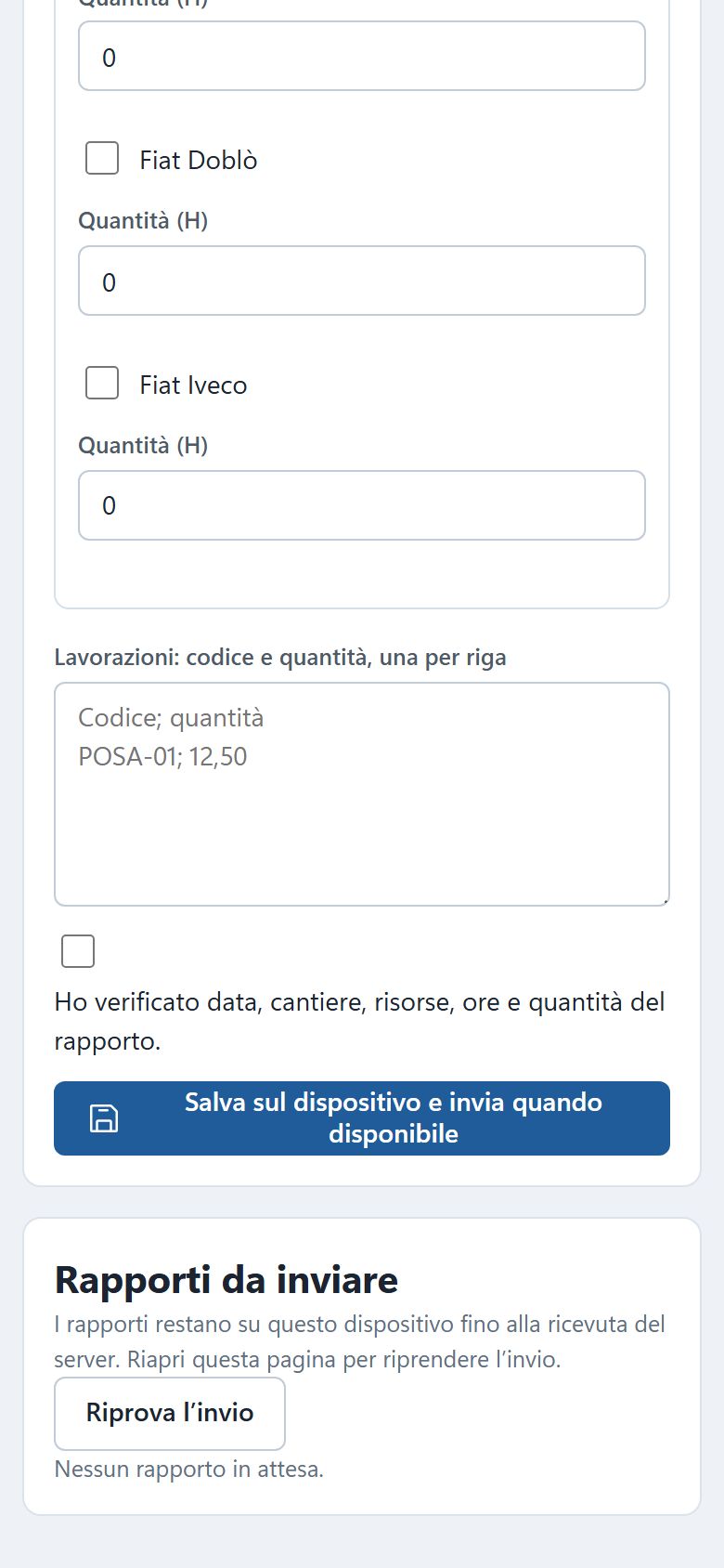 Fondo del modulo: lavorazioni con codice e quantità, conferma, pulsante «Salva sul dispositivo» e rapporti da inviare