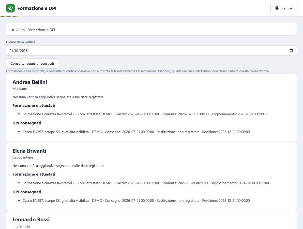Pagina Formazione e DPI con, per ogni addetto, attestati con scadenza e DPI consegnati con data di revisione