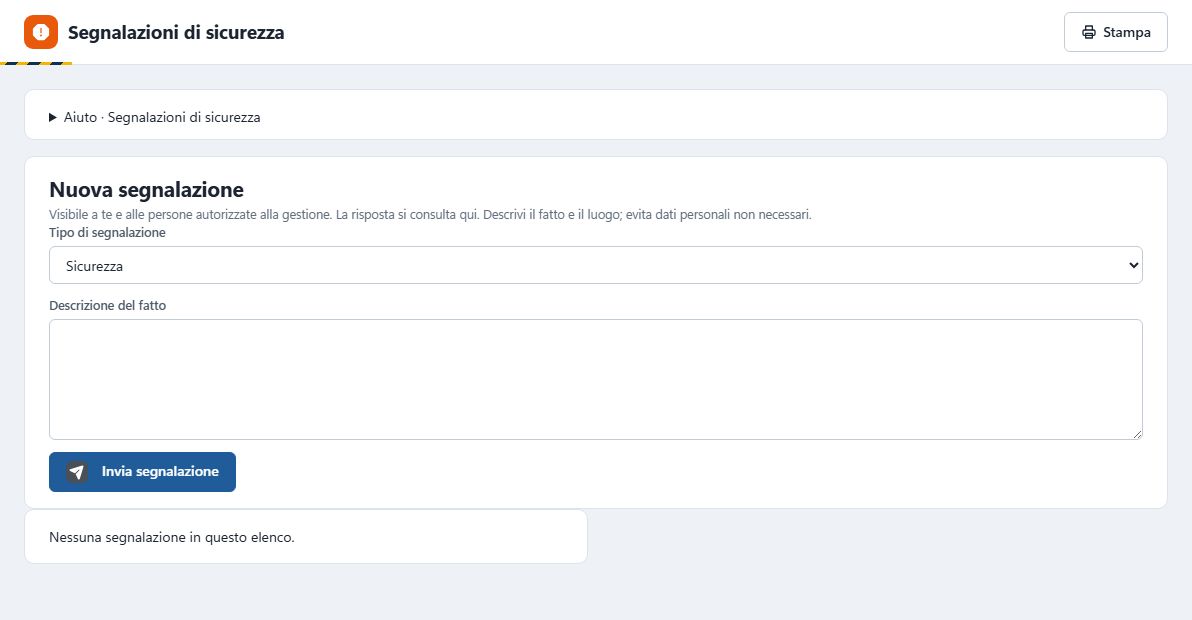Modulo Nuova segnalazione con tipo di segnalazione e descrizione del fatto